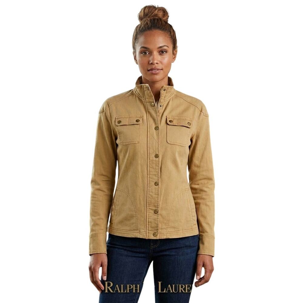 Ralph Lauren Khaki Gold Cotton Safari Jacket Coat Brass Snaps Zip 4 Pockets XL